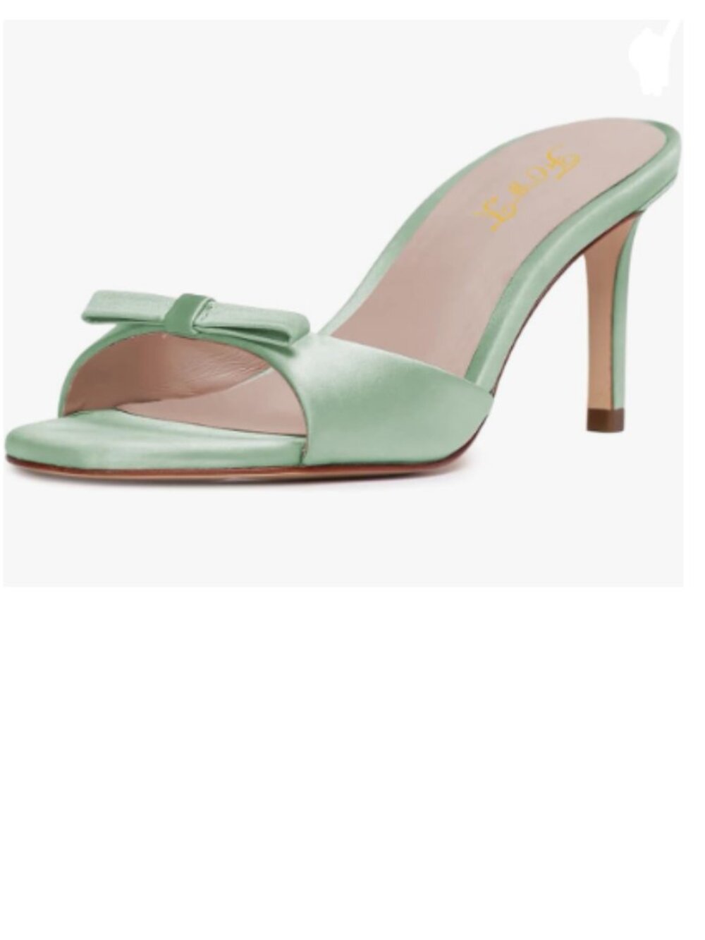 FOWT Pale Green Bow Open Toe Comfy Thin Mid Heel Satin Mules Slip on Sandals